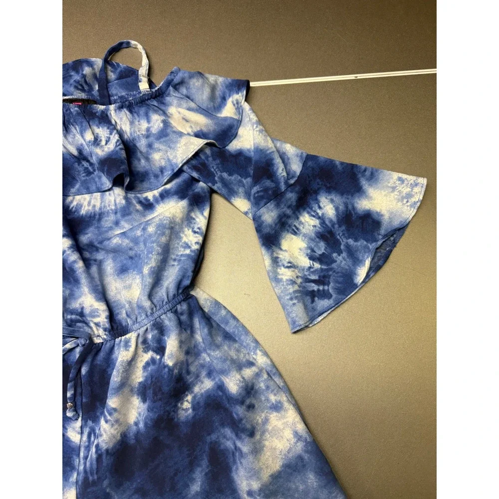 IZ Girl Blue Tie Dye Cold Shoulder Romper Bell Sleeve Girls Size M 10-12